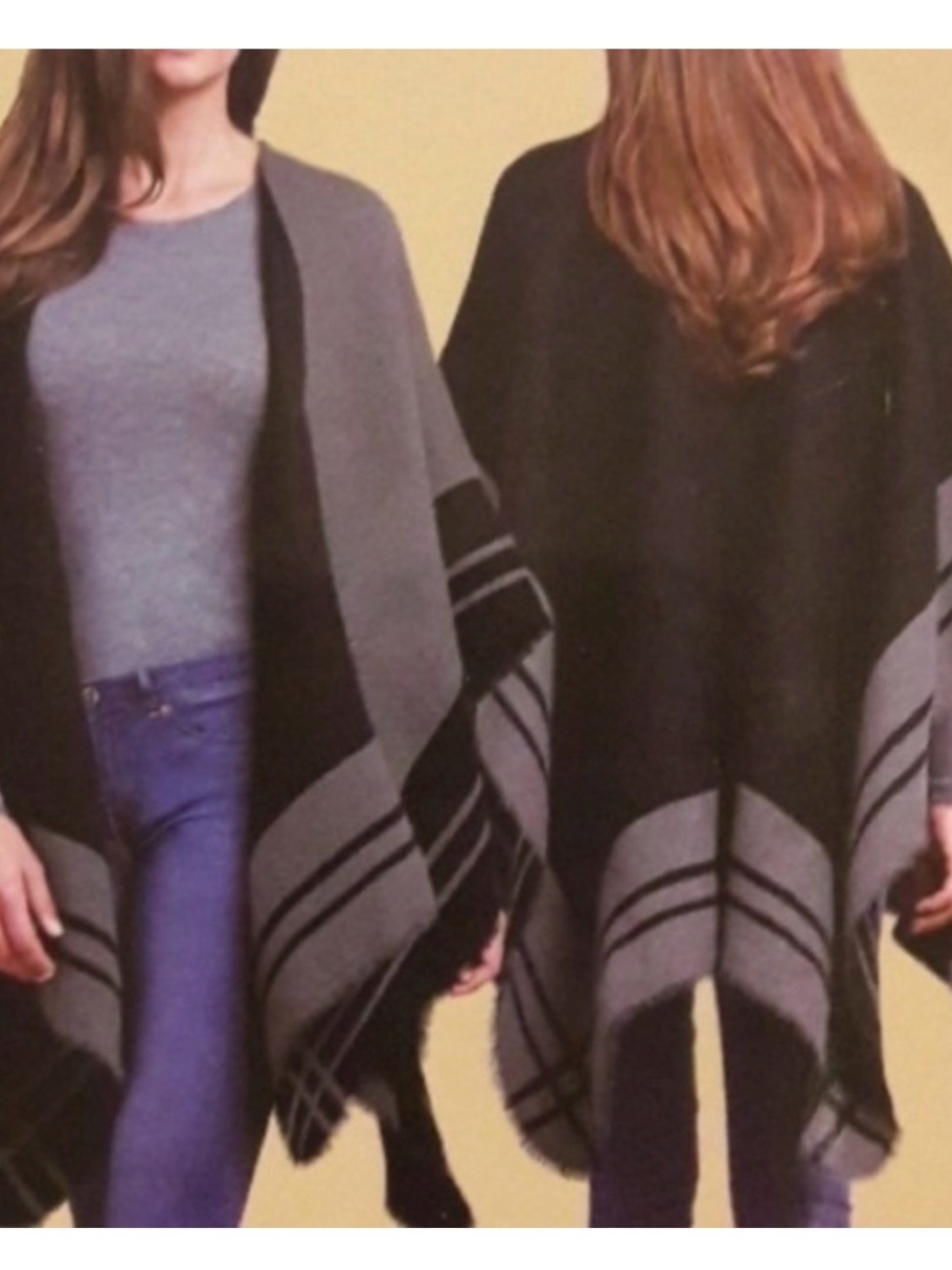 Woolrich Gray and Black Striped Open-Front Poncho Wrap Cape
